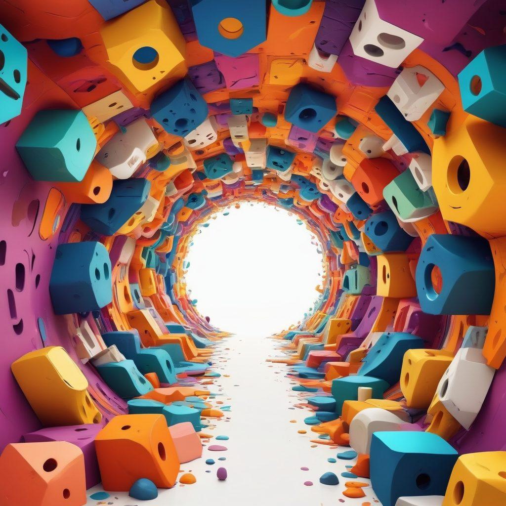 A colorful and whimsical digital landscape filled with playful, irregularly shaped holes and tunnels resembling a crazy web design. Cartoon-style characters diving and exploring these quirky patterns, with vibrant and contrasting colors. The scene should evoke curiosity and creativity. vector art. vibrant colors. white background.